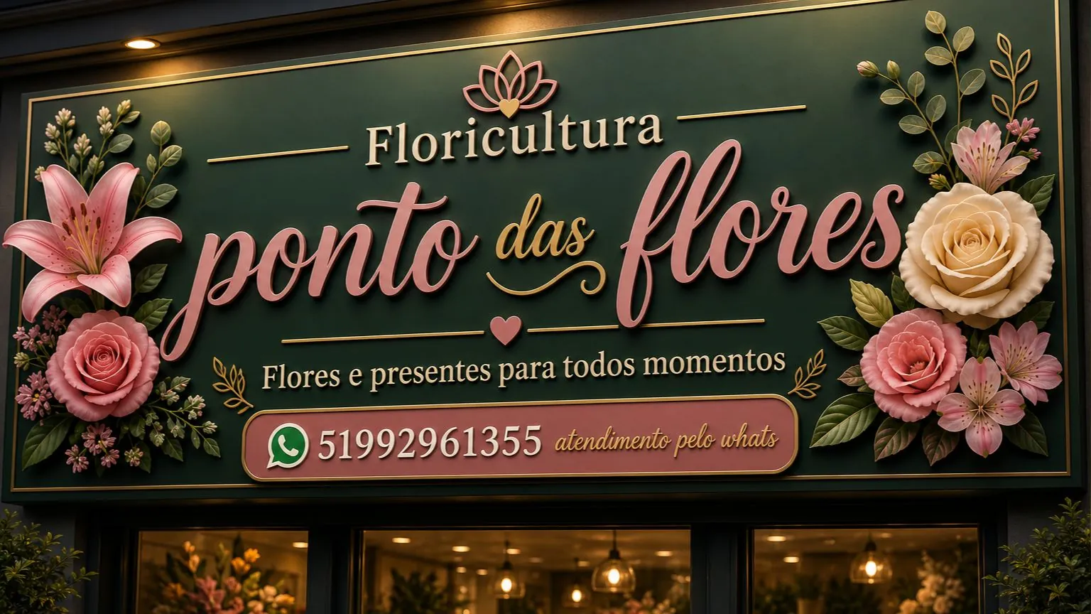 Fachada da Floricultura Ponto das Flores, letreiro verde com o nome em rosa e flores